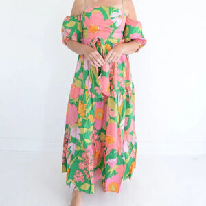 Flora Bea NYC Oly Island Road Pink Green Floral Off Shoulder Maxi Dress M  NWT